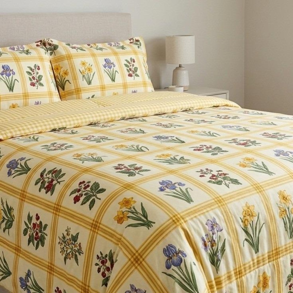 UltraKing Vintage Reversible Floral Gingham Comforter Yellow Cottagecore Bedding